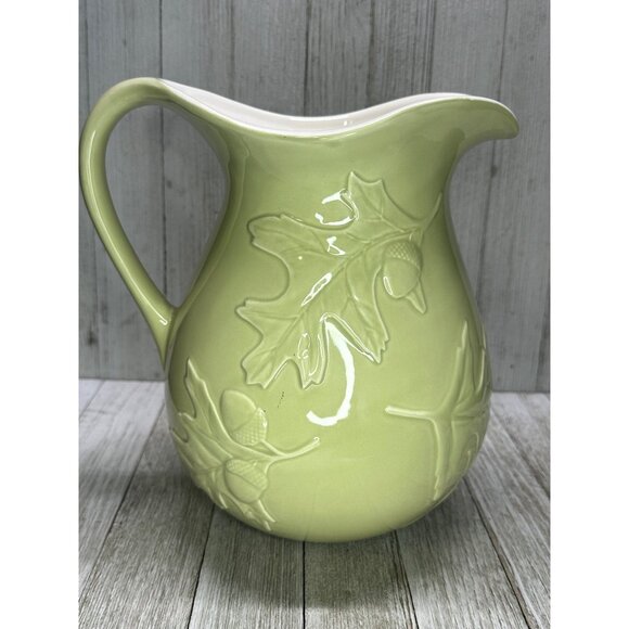 Vtg Hallmark Pitcher Sage Green Oak Leaf Design Ceramic Cottagecore 8.5" Tall - Picture 3 of 11
